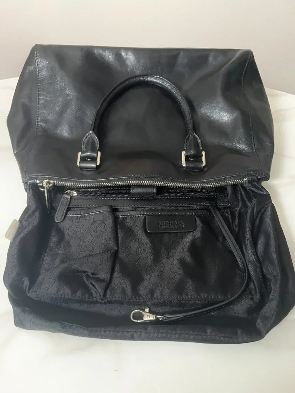Michael Kors Sutton Medium Black Leather Satchel Crossbody Silver Hardware